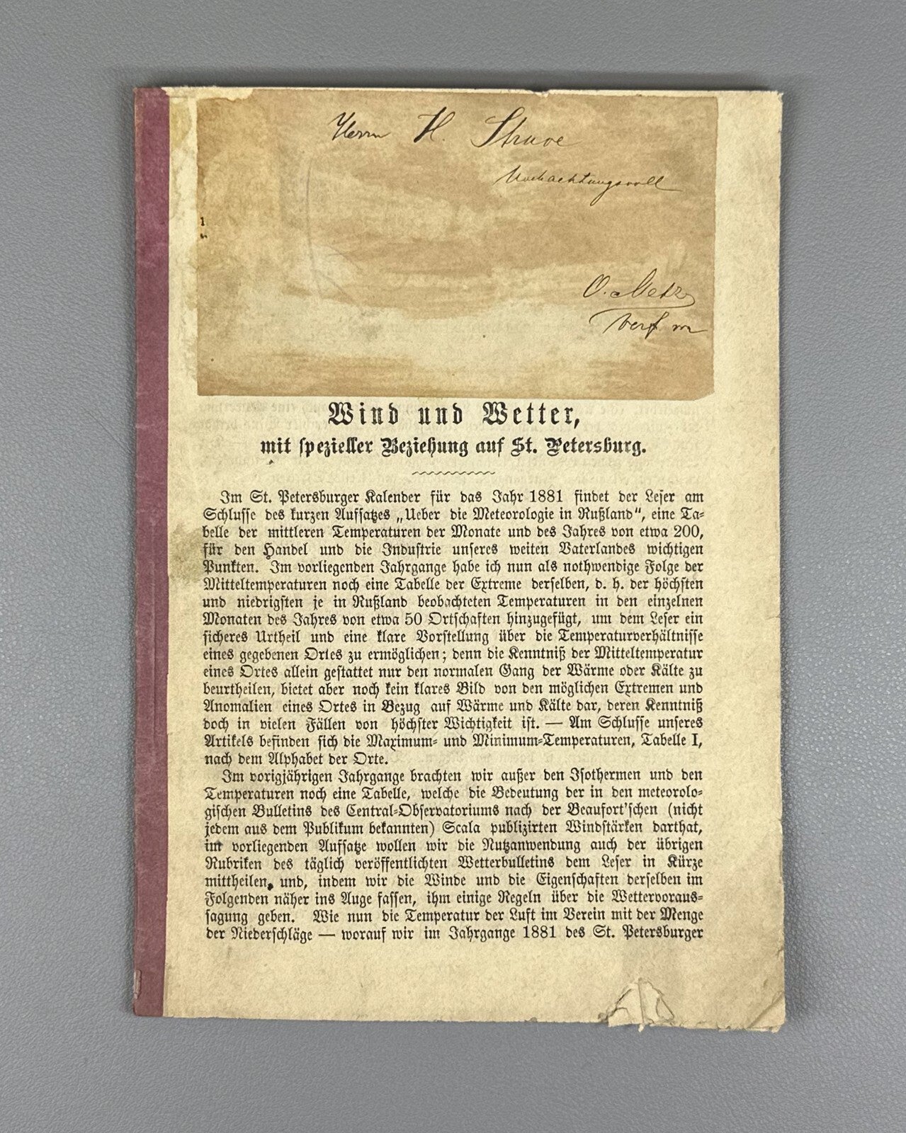 Autograph O. Metz Wind und Wetter 1882 Wind and Weather Special Reference Rare