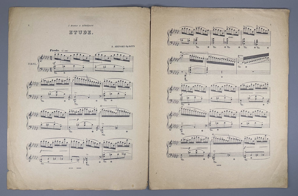 Arensky Etude Op. 25, No. 3 Sheet Music 1927 Аренский Этюд Соч. 25, № 3