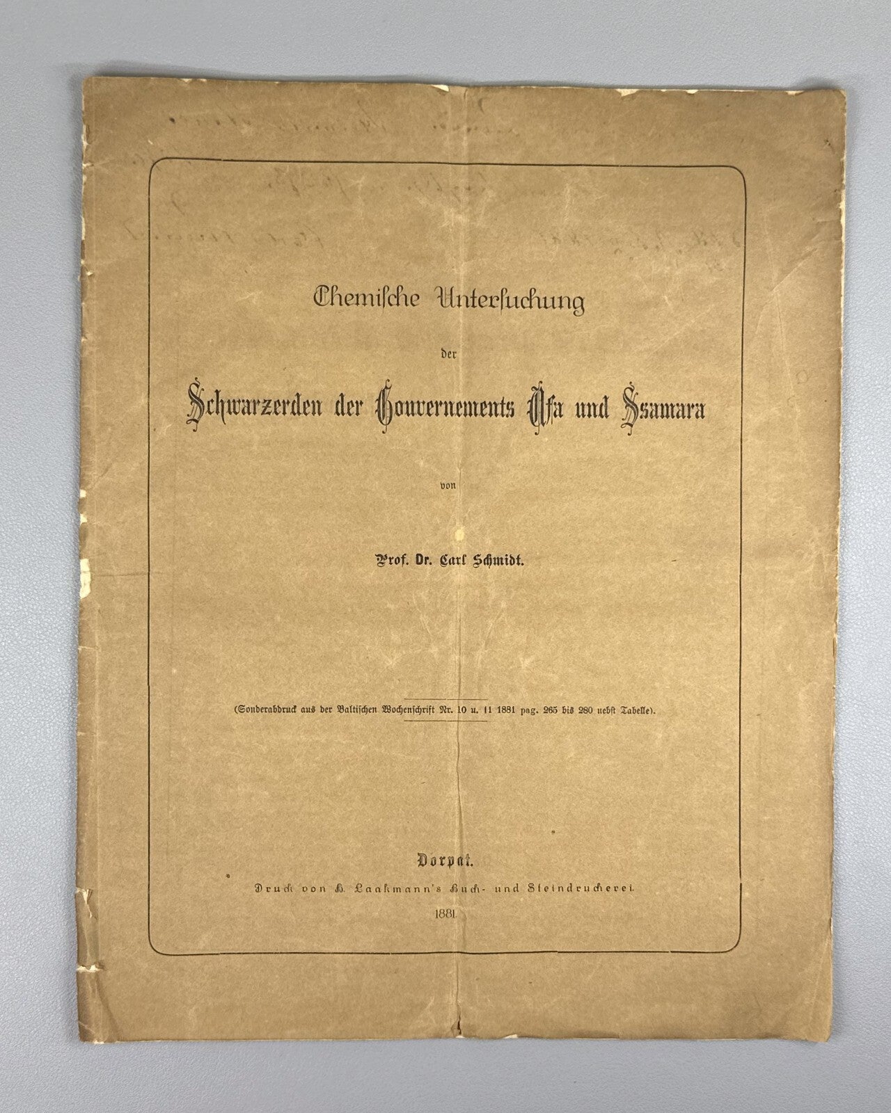 Autograph Carl Schmidt Chemische Untersuchung 1881 Black Soils Ufa Samara Rare