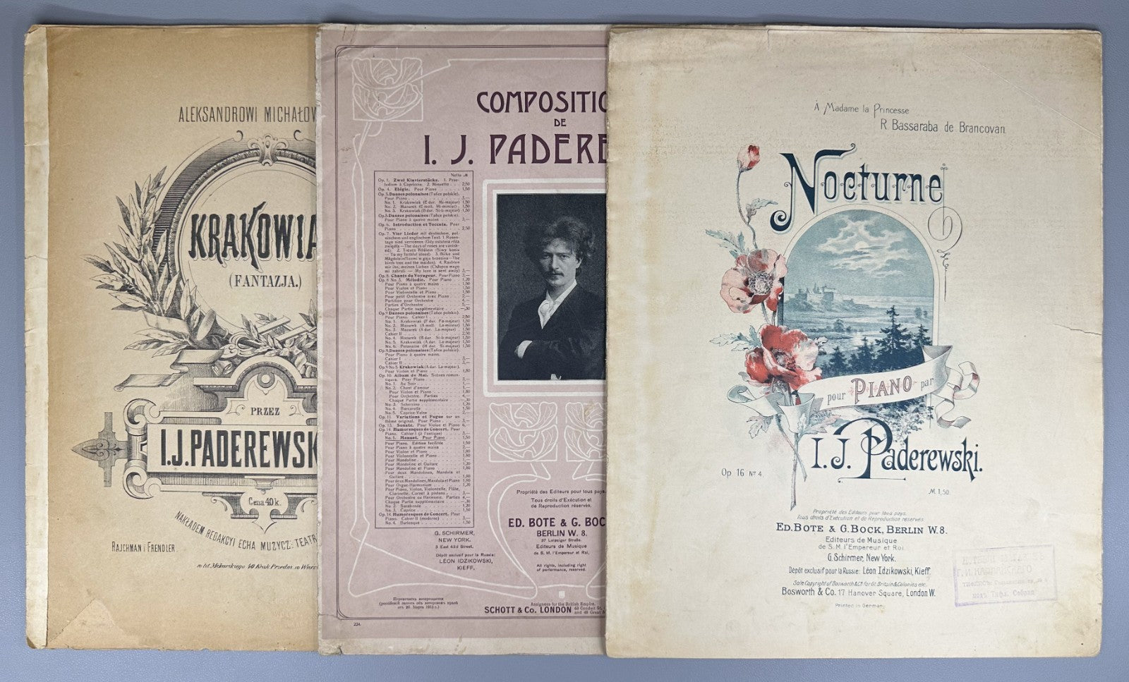Lot of 3 Ignacy Jan Paderewski Sheet Music Piano Scores 1880 Warsaw Rajchman