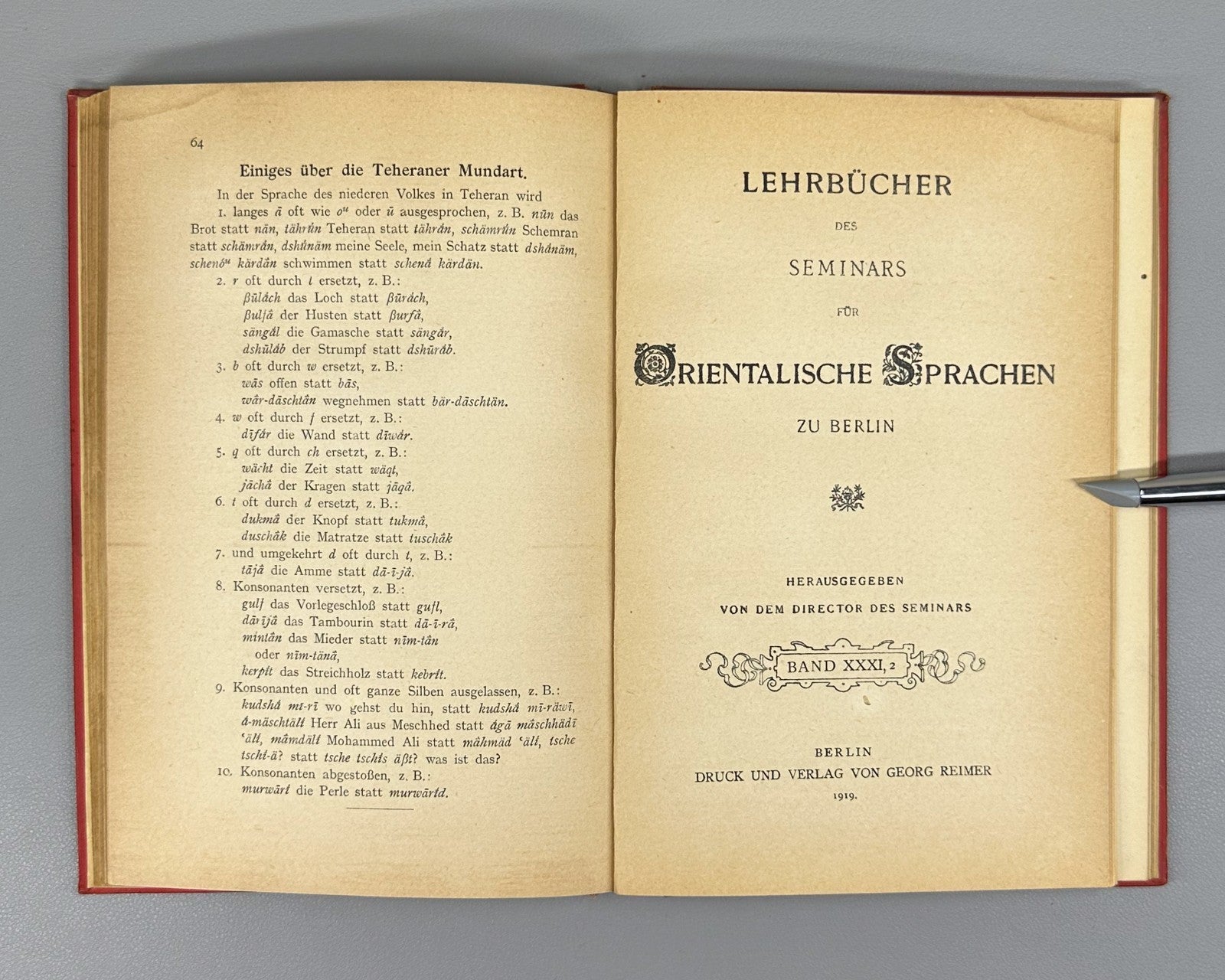 Wilhelm Litten Orientalische Sprachen vol. 31 Persian German 1919 Textbooks