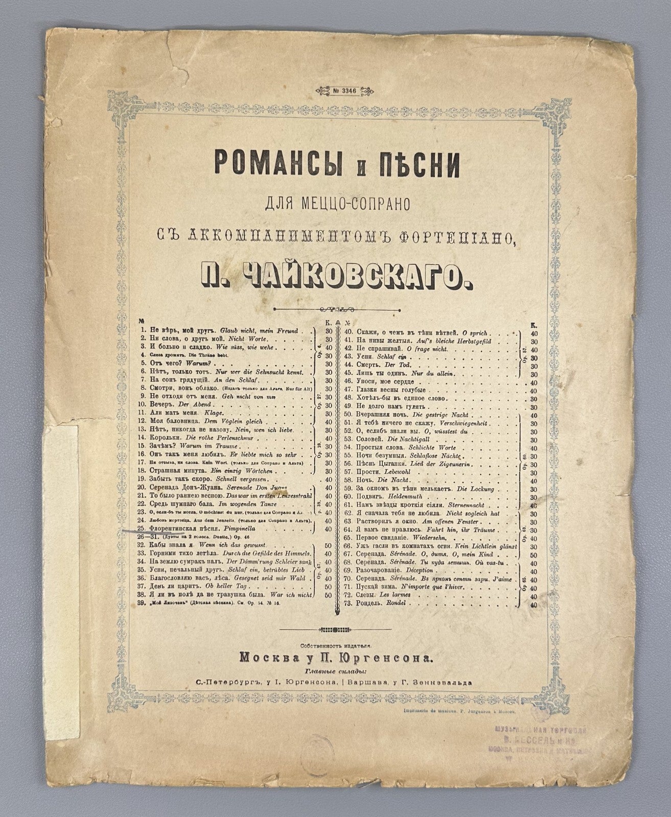 1st ed. Tchaikovsky Pimpinella Florentine Song 1878 Чайковский Соч. 38, № 6 Ноты