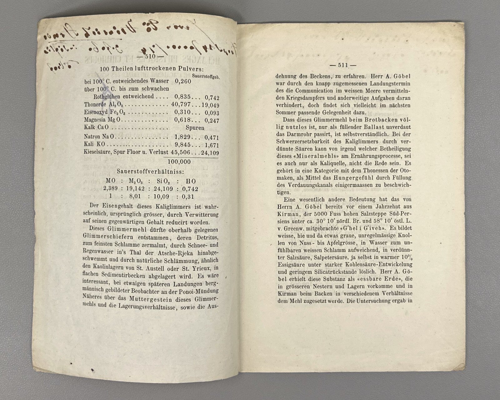 Autograph Prof. Dr. C. Schmidt Essbare Erden 1871 Edible soils Science