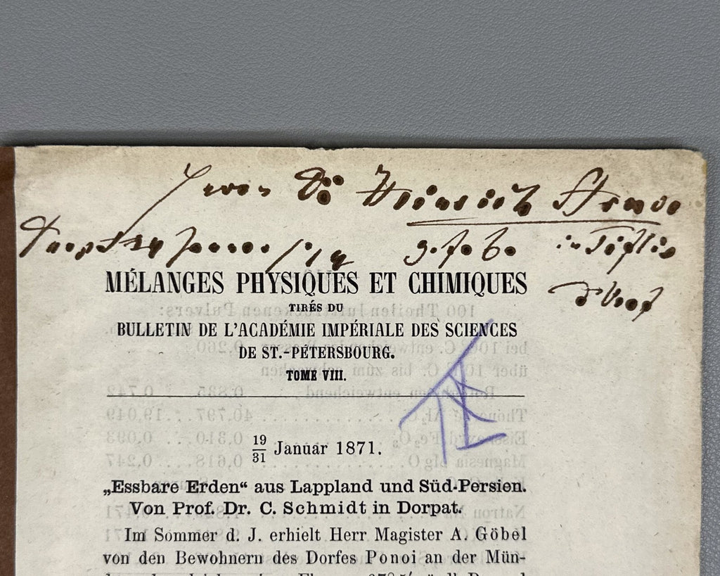 Autograph Prof. Dr. C. Schmidt Essbare Erden 1871 Edible soils Science