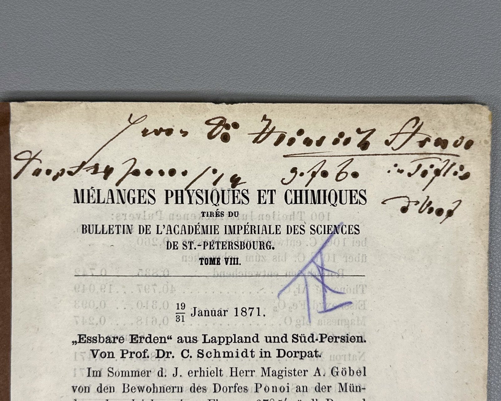 Autograph Prof. Dr. C. Schmidt Essbare Erden 1871 Edible soils Science
