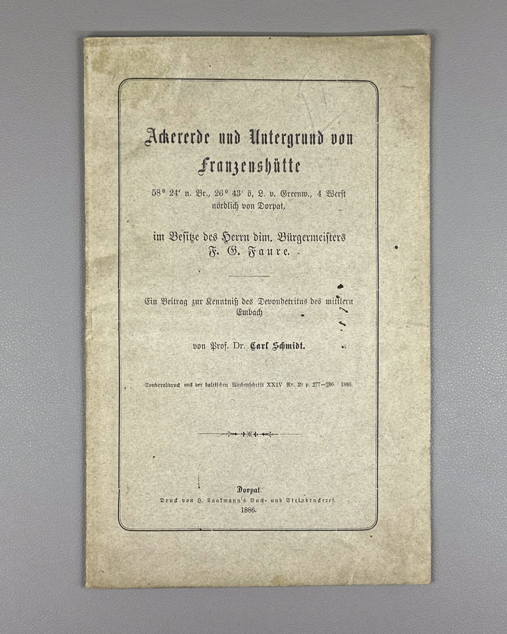 Autograph Carl Schmidt Ackererde und Untergrund von Franzenshütte 1886 Germany