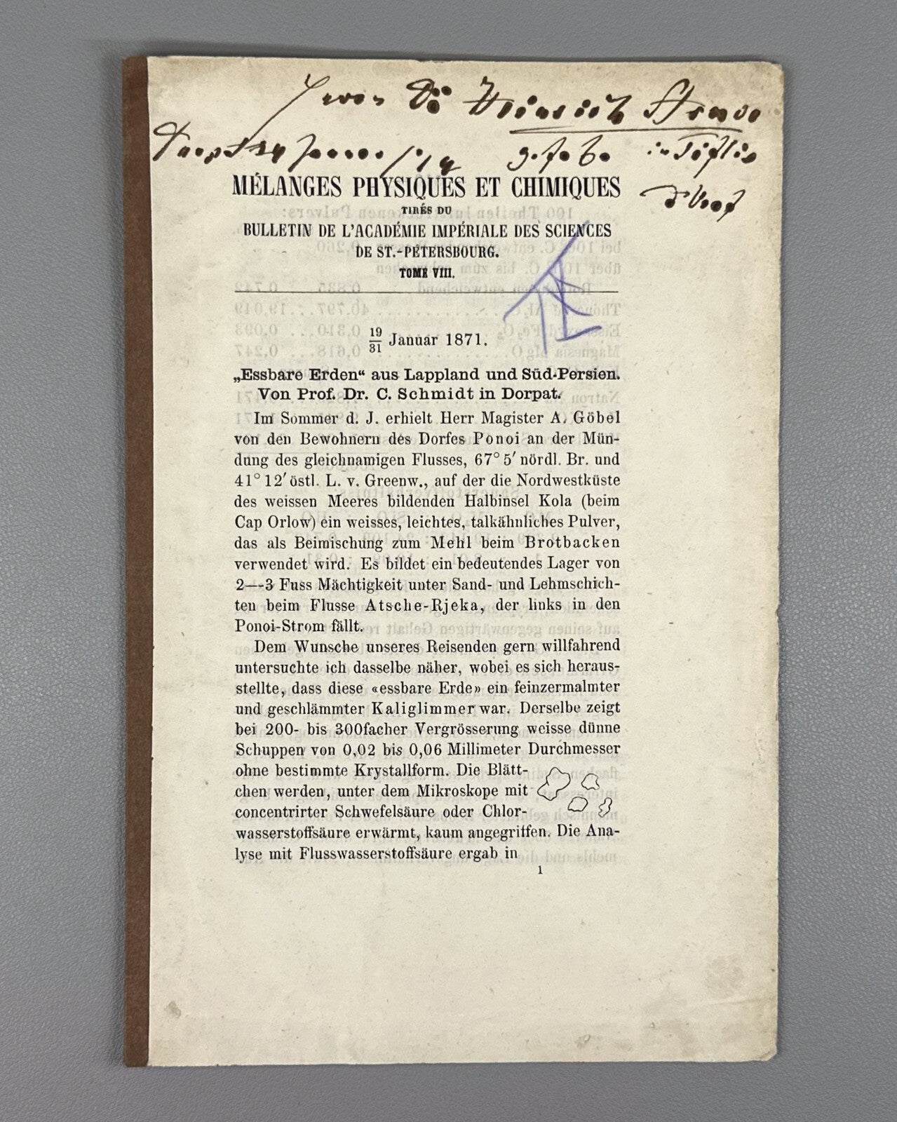 Autograph Prof. Dr. C. Schmidt Essbare Erden 1871 Edible soils Science