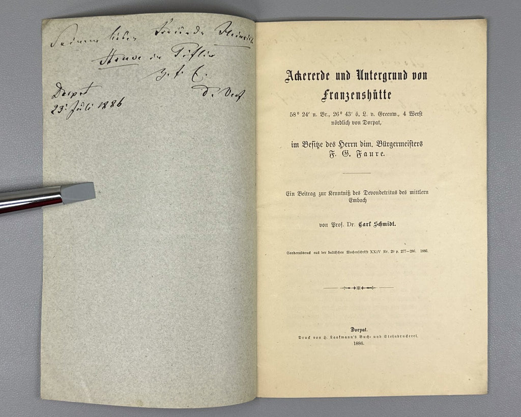 Autograph Carl Schmidt Ackererde und Untergrund von Franzenshütte 1886 Germany