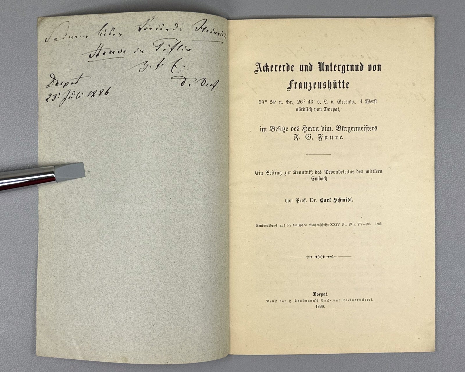 Autograph Carl Schmidt Ackererde und Untergrund von Franzenshütte 1886 Germany