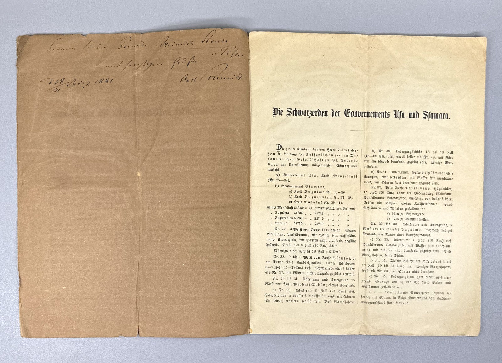 Autograph Carl Schmidt Chemische Untersuchung 1881 Black Soils Ufa Samara Rare