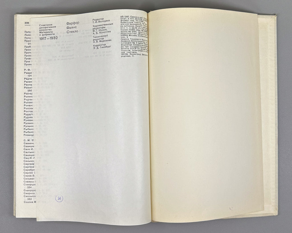 Soviet Decorative Art: Materials and Documents, 1917-1932. Porcelain, Faience, Glass / compiled by I. A. Pronina, 1980. In Russian.