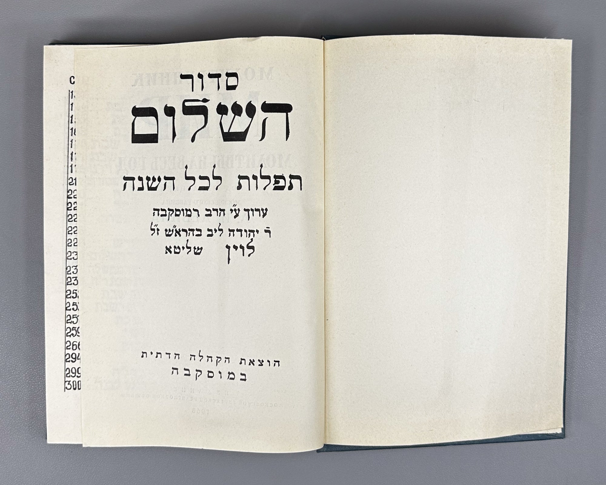 Levin, Y. L. (ed.). Siddur HaShalom — Prayer Book «Mir» («Peace»): Prayers for the Entire Year (Sidur ha-Shalom. Molitvennik «Mir». Molitvy na ves' god). 1968. In Hebrew