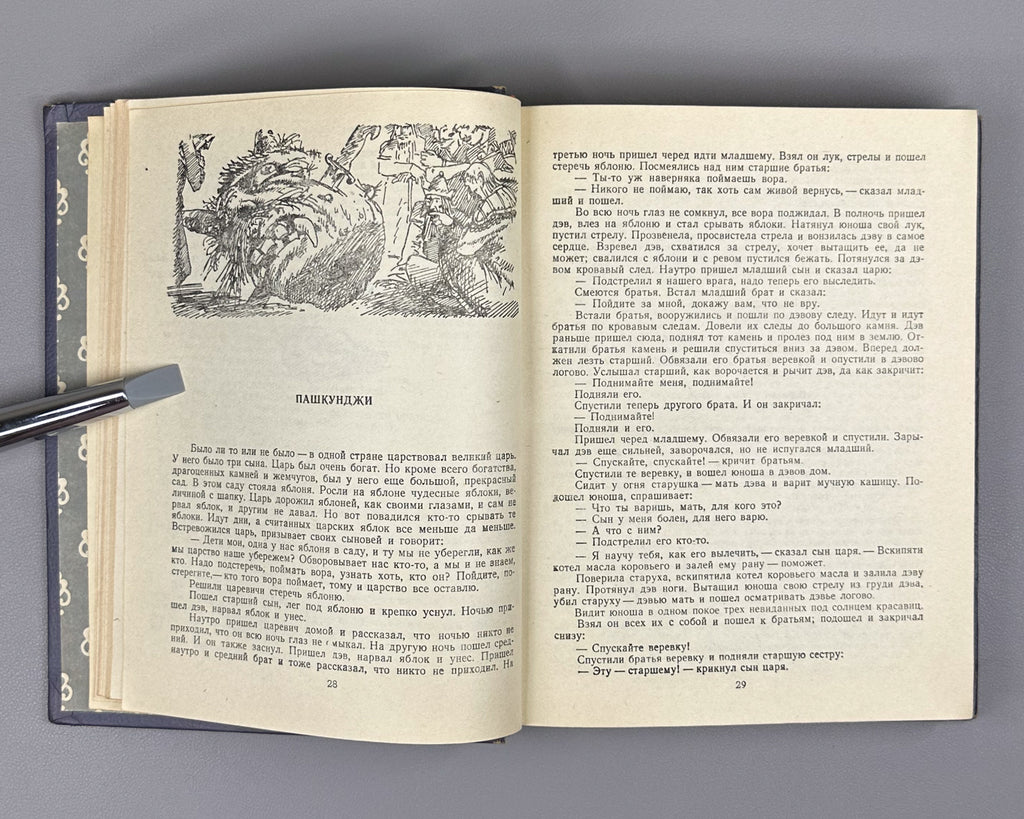 Georgian Folk Tales: One Hundred Tales / compiled, translated, and annotated by N. I. Dolidze; illustrated by S. Kobulidze, 1956. In Russian.