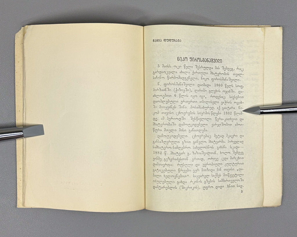 Niko Pirosmanashvili's Paintings: An Exhibition / edited by G. Bukhnikashvili ; with contributions by Mamia Dudučava, Lado Gudiashvili, Giorgi Leonidze, 1938. In Georgian and Russian.