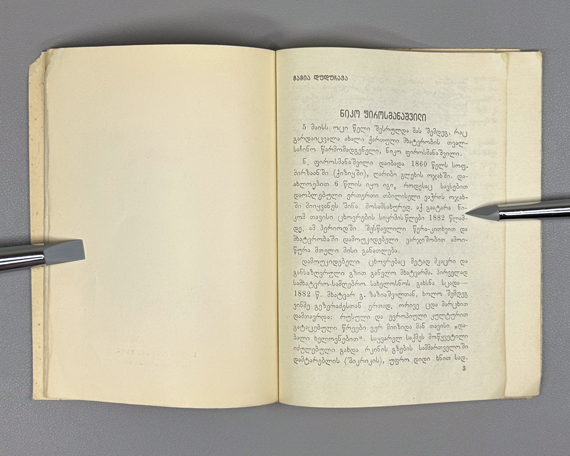 Niko Pirosmanashvili's Paintings: An Exhibition / edited by G. Bukhnikashvili ; with contributions by Mamia Dudučava, Lado Gudiashvili, Giorgi Leonidze, 1938. In Georgian and Russian.
