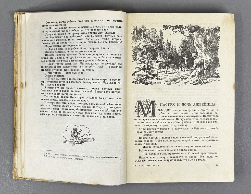 Abkhazian Tales (Abkhazskie skazki) / Compiled, edited and translated from the Abkhaz by Kh. S. Bgazhba; illustrations by A. and M. Beletsky. Sukhumi, 1959. In Russian.