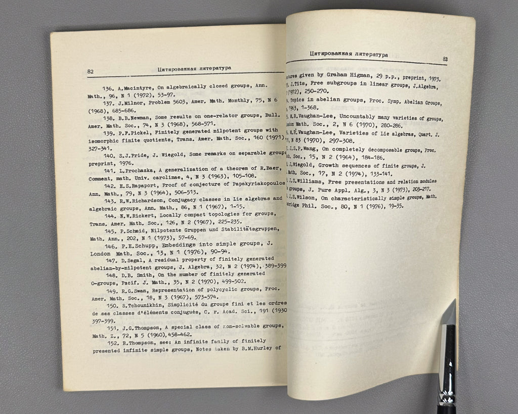 Kargapolov, Merzlyakov (editors). The Kourovka Notebook: Unsolved Problems in Group Theory (Kourovskaya tetrad': nereshennye zadachi teorii grupp). Three issues: First Issue (1965), Fourth Issue (1973), Fifth Issue (1976). Novosibirsk. In Russian.