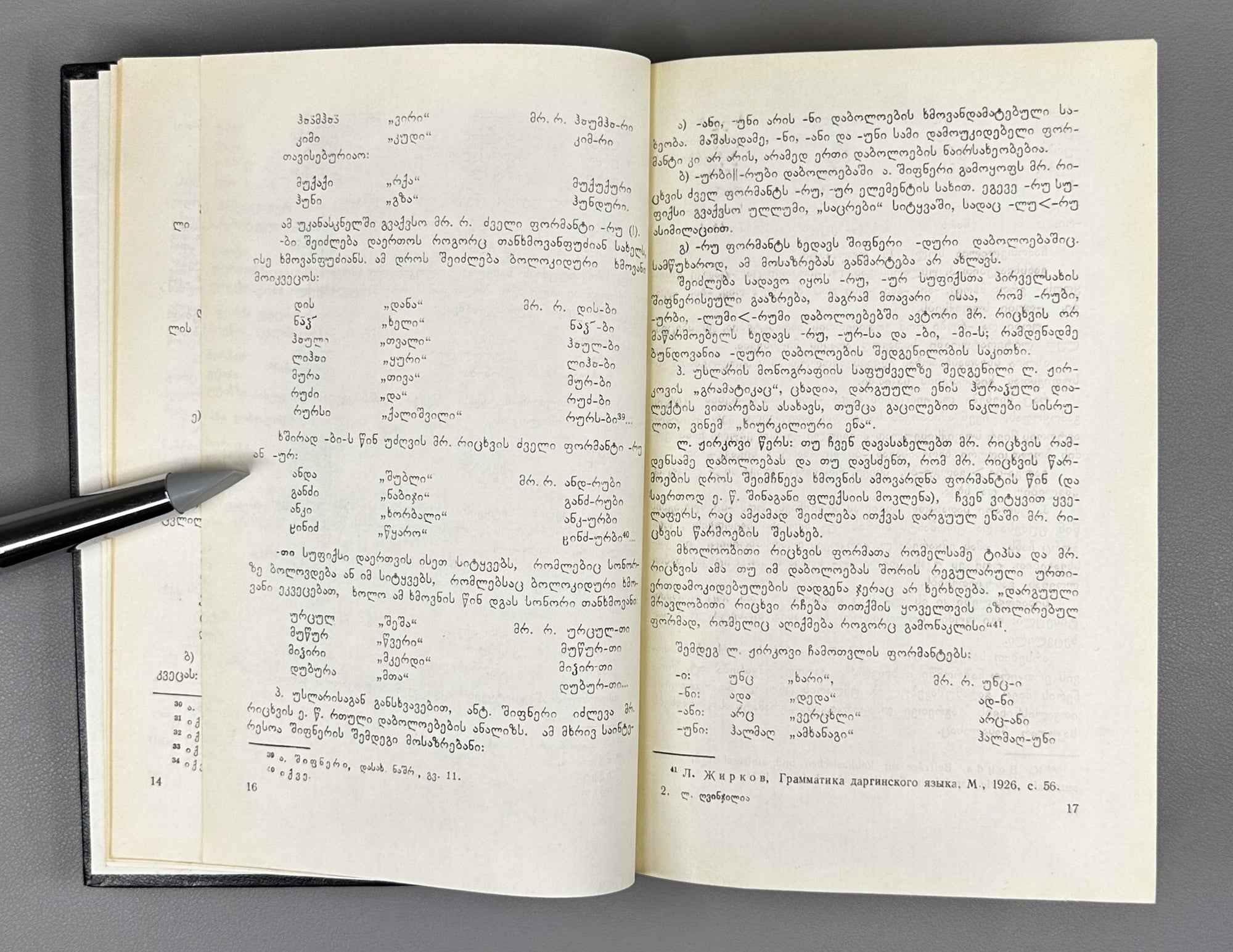 [Signed] L. Ghvinjilia. Formation of the Plural of Nouns in the Dargin and Lak Languages (Arsebit sakhelta mravlobitis ts'armoeba dargvulsa da lak'urshi). 1978. In Georgian.