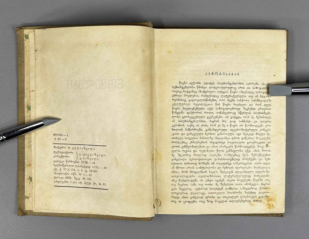 Kiacheli, Leo. Novellas (Novelebi). Cover design by Lado Gudiashvili. 1934. In Georgian.