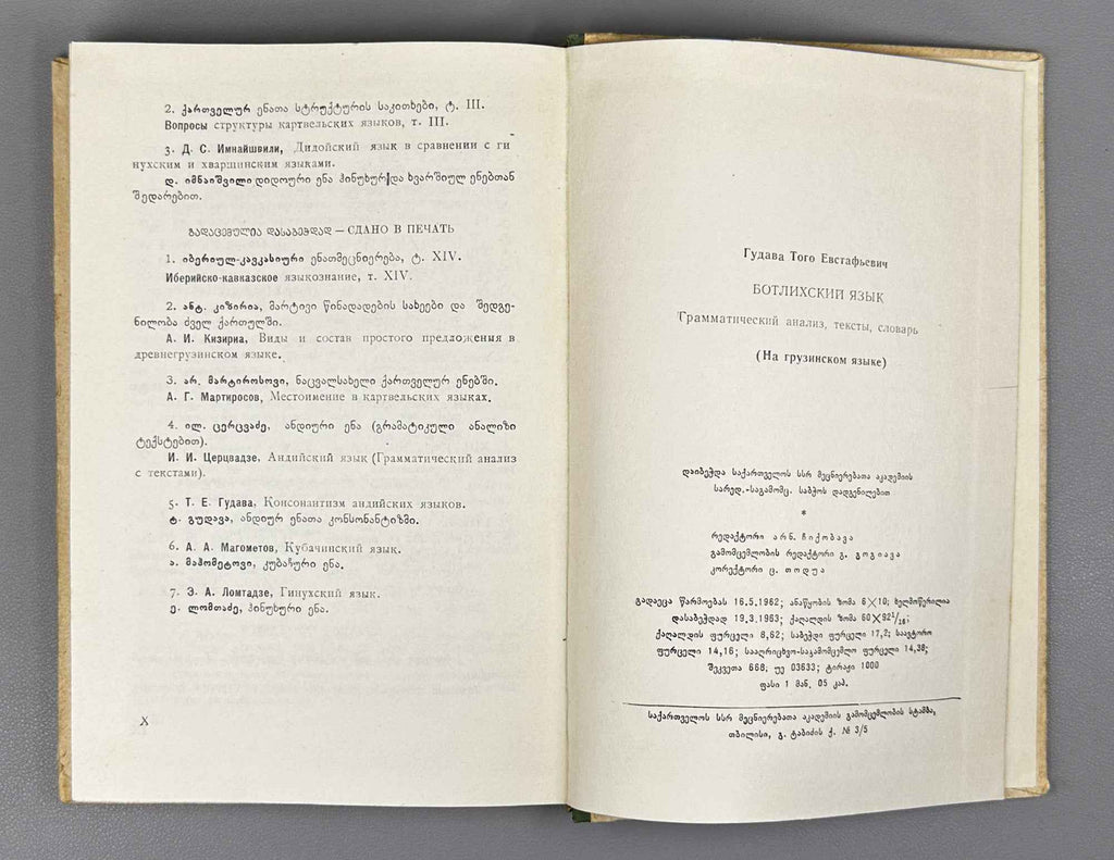 Gudava, T. The Botlikh Language: Grammatical Analysis, Texts, Dictionary (Bot'likhuri ena: gramatikhuli analizi, tekst'ebi, leksikoni). 1963. In Georgian.