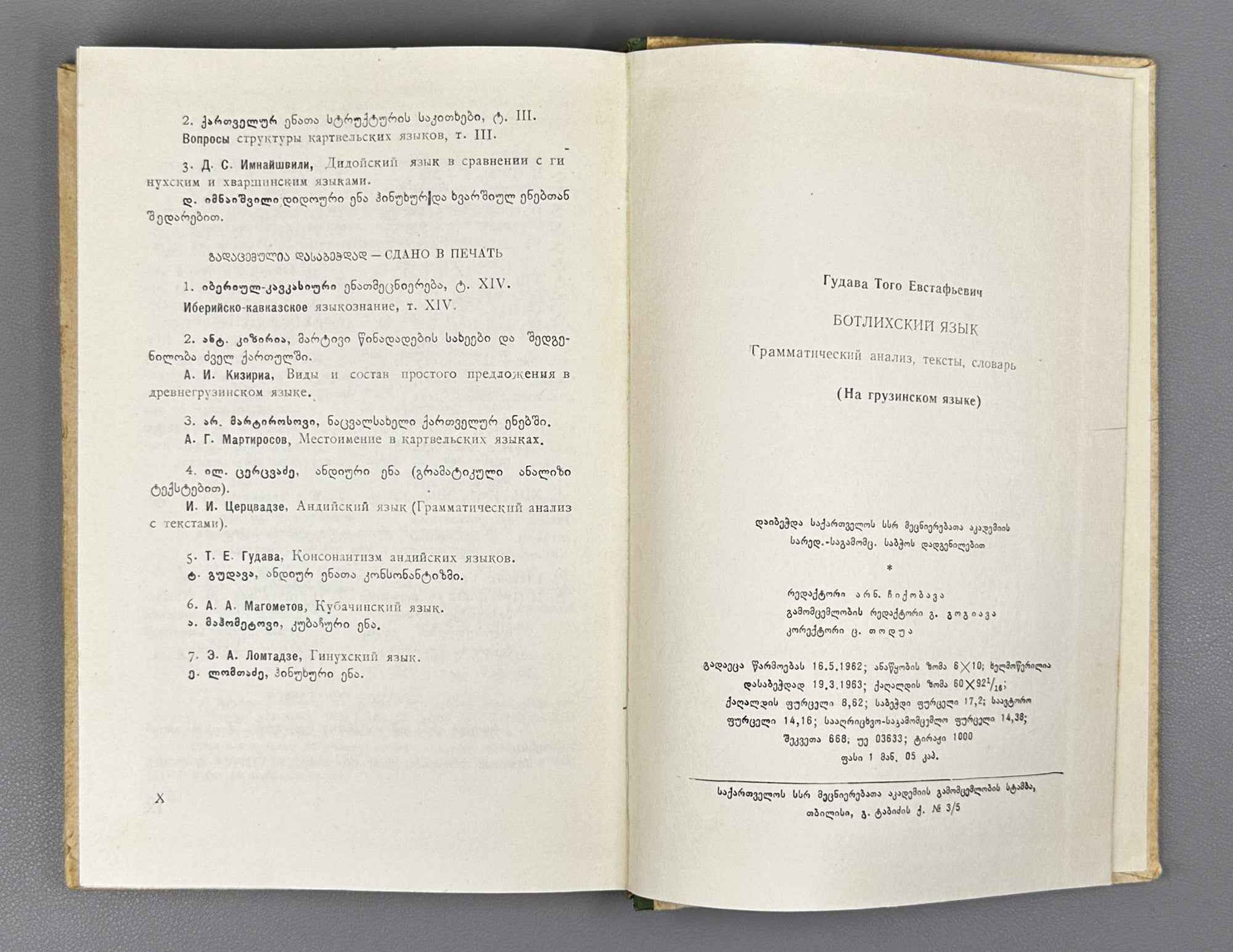 Gudava, T. The Botlikh Language: Grammatical Analysis, Texts, Dictionary (Bot'likhuri ena: gramatikhuli analizi, tekst'ebi, leksikoni). 1963. In Georgian.