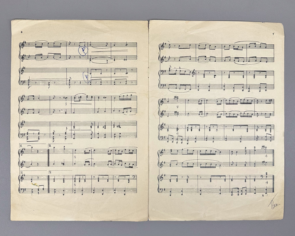 [Signed] Kurtidi, V. Lot of three piano sheet music editions (Saboavshvo p'iesebi; Sami p'iesa; Sonat'ina N 2). 1947-1955. In Georgian and Russian.