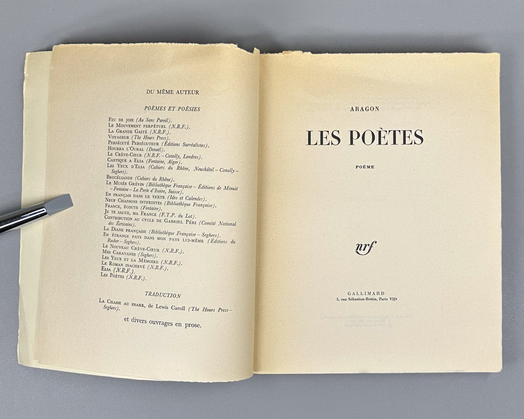 Aragon, Louis. Les Poetes. Poeme. Paris: Gallimard, 1960. Edition originale, exemplaire du tirage courant (non numerote). In French.