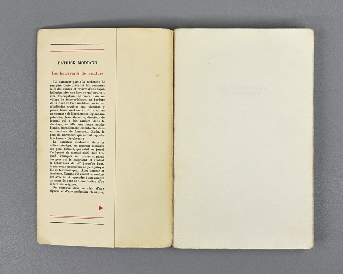 [With the original promotional band announcing the Academie francaise prize] Modiano, Patrick. Les Boulevards de ceinture. Recit. Paris: Gallimard, 1972. In French.