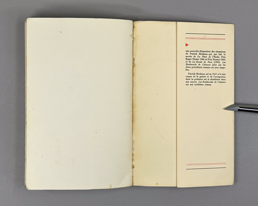 [With the original promotional band announcing the Academie francaise prize] Modiano, Patrick. Les Boulevards de ceinture. Recit. Paris: Gallimard, 1972. In French.