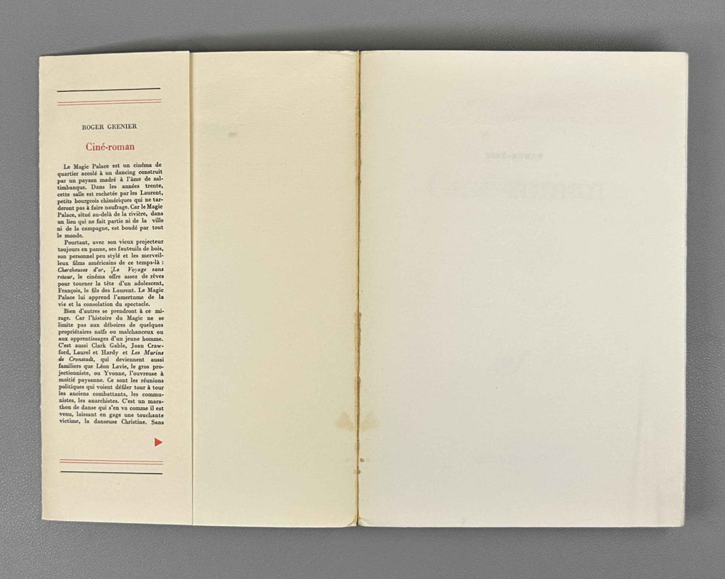 Grenier, Roger. Cine-roman. Roman. Prix Femina 1972. Paris: Gallimard (nrf), 1972. In French.