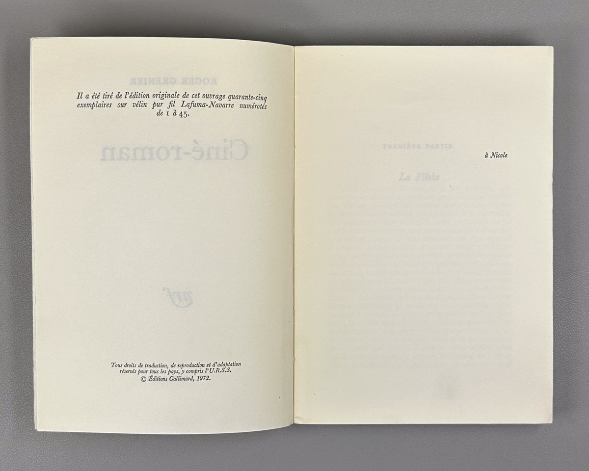 Grenier, Roger. Cine-roman. Roman. Prix Femina 1972. Paris: Gallimard (nrf), 1972. In French.
