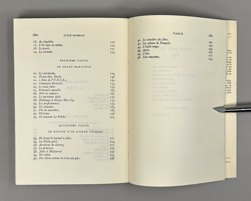 Grenier, Roger. Cine-roman. Roman. Prix Femina 1972. Paris: Gallimard (nrf), 1972. In French.