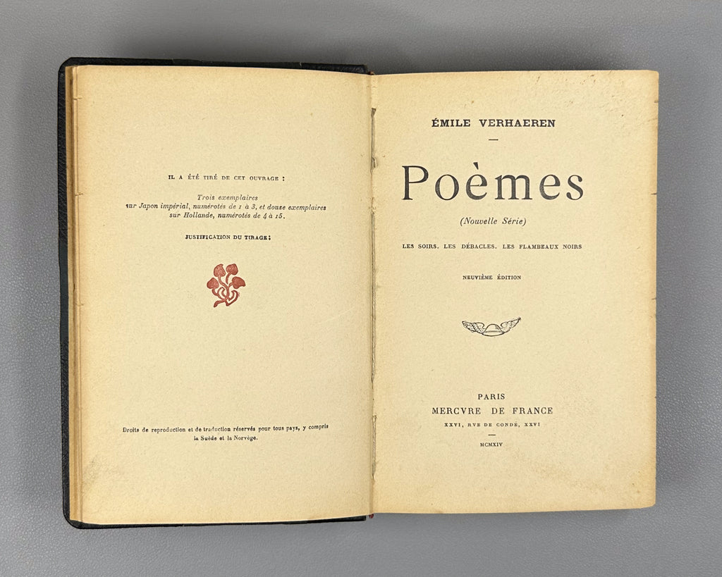 Verhaeren, Emile. Poemes (Nouvelle Serie) : Les Soirs, Les Debacles, Les Flambeaux noirs. Neuvieme edition. Paris, 1914. In French.