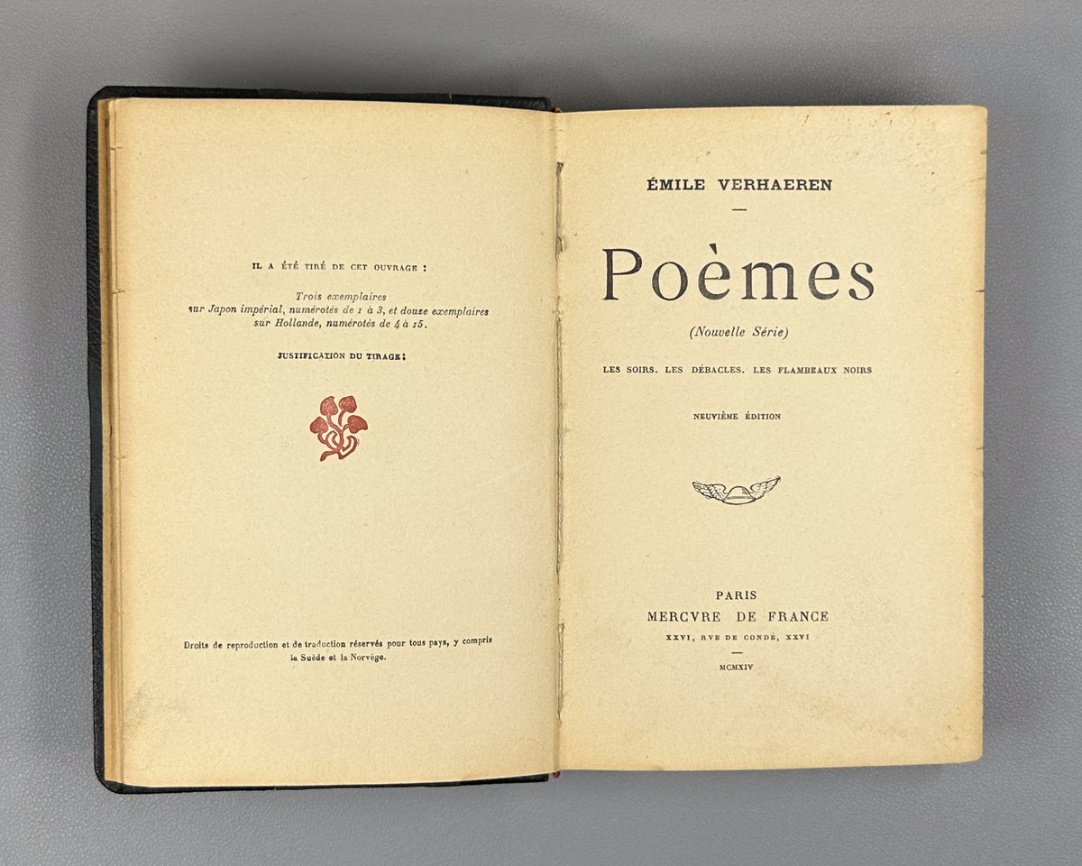 Verhaeren, Emile. Poemes (Nouvelle Serie) : Les Soirs, Les Debacles, Les Flambeaux noirs. Neuvieme edition. Paris, 1914. In French.