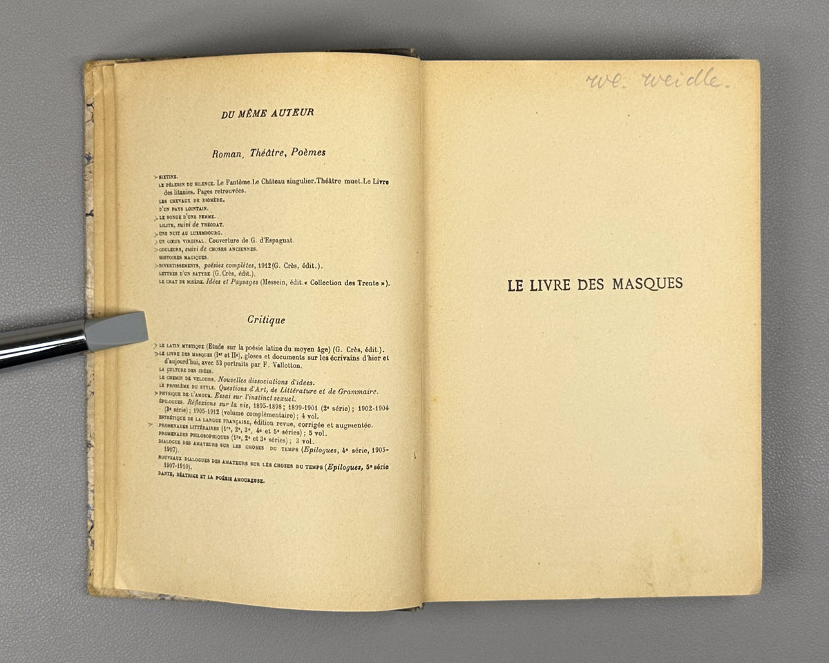 [Rebound copy, with an unconfirmed possible association to the critic Vladimir Weidle] Gourmont, Remy de. Le Livre des Masques : portraits symbolistes. Masques dessines par F. Vallotton. Paris, 1914. In French.