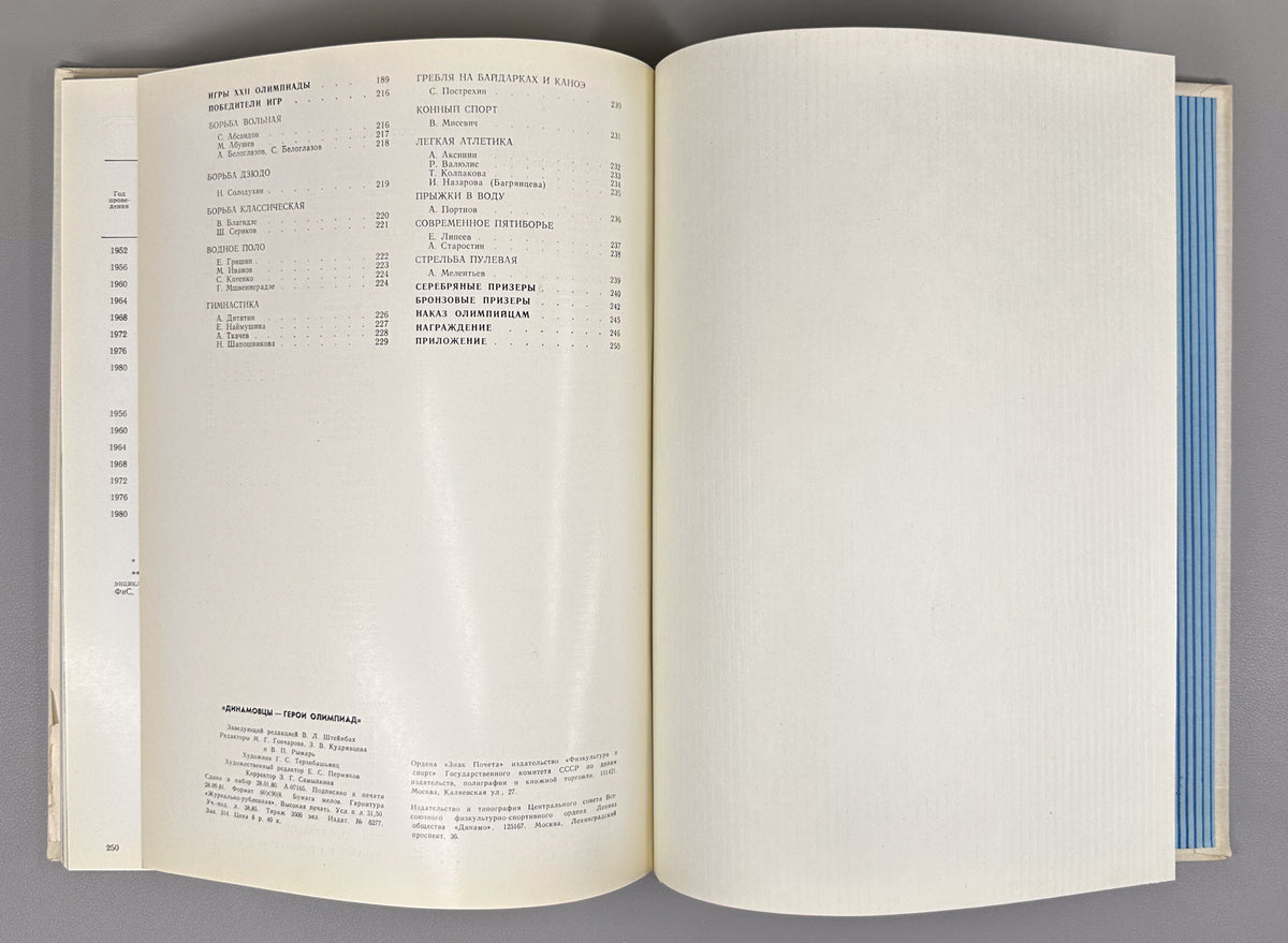 [Delegate's presentation set with conference pennant] Dynamo Athletes: Heroes of the Olympiads (Dinamovtsy - geroi olimpiad) / compiled by Georgy Chernevich; designed by Georgy Terzibashyants, 1982. In Russian.