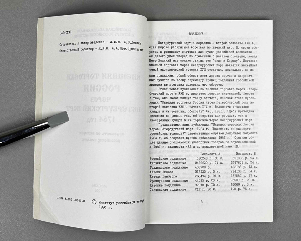 Russia's Foreign Trade through the St. Petersburg Port, Year 1764: Register of the Export of Russian Goods (Vneshnyaya torgovlya Rossii cherez Peterburgskiy port). 1996. In Russian.