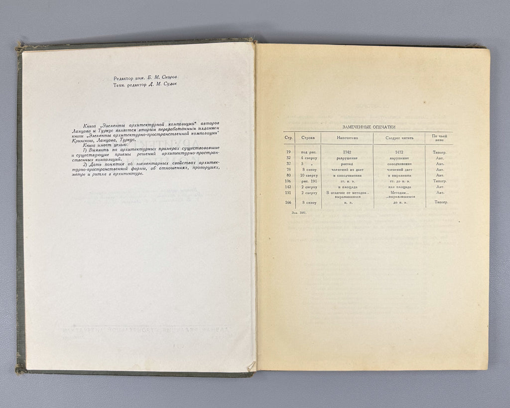 [Anti-formalism campaign: Krinsky's name removed from the title page] Lamtsov, I. V., Turkus, M. A. Elements of Architectural Composition (Elementy arkhitekturnoy kompozitsii). 1938. In Russian.