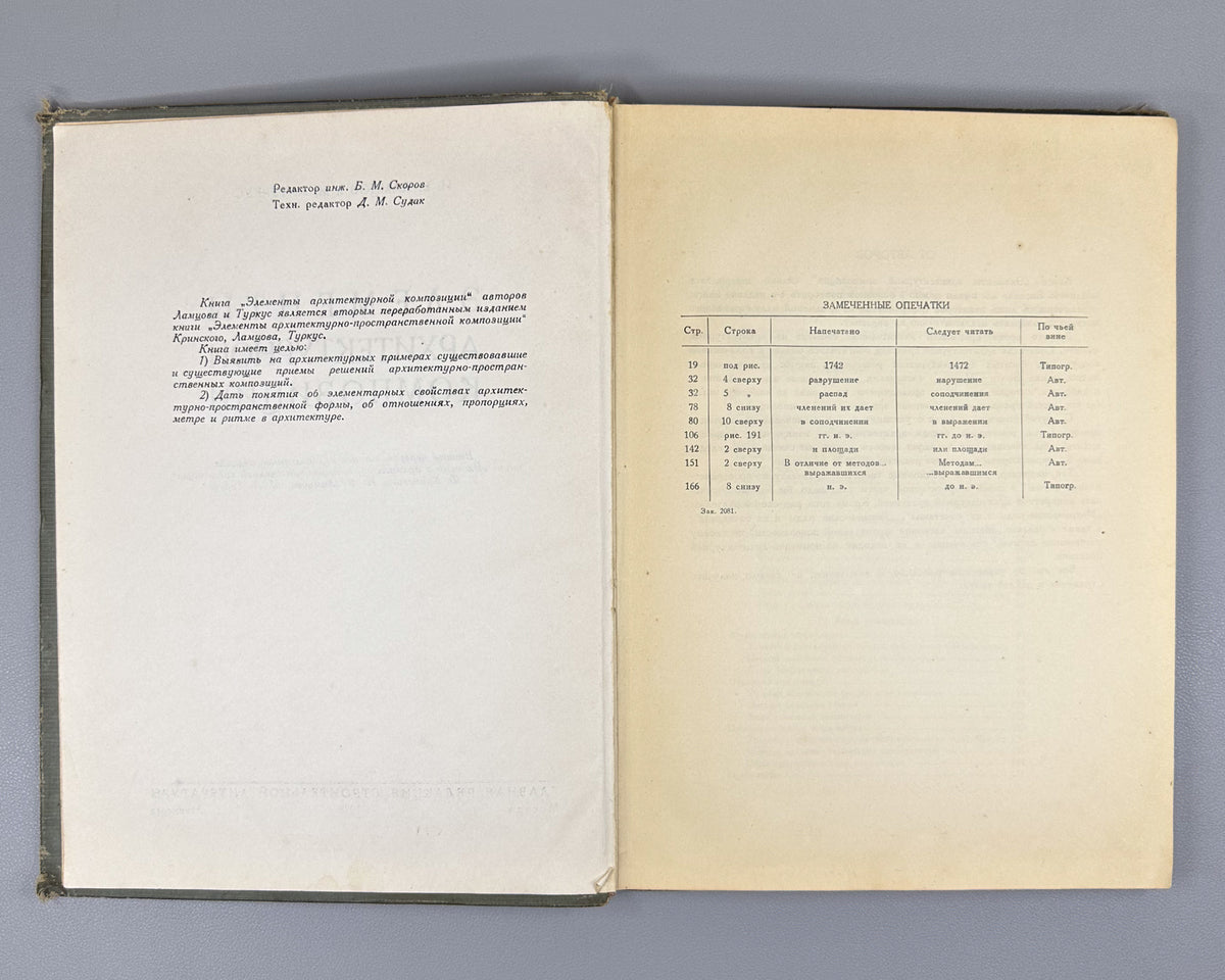 [Anti-formalism campaign: Krinsky's name removed from the title page] Lamtsov, I. V., Turkus, M. A. Elements of Architectural Composition (Elementy arkhitekturnoy kompozitsii). 1938. In Russian.