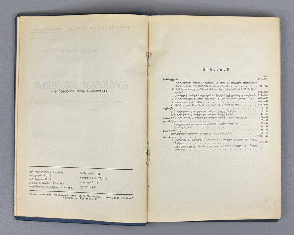 Tsurtaveli, I. The Martyrdom of Shushanik (Mart'vilobay Shushanik'isi). Georgian and Armenian texts edited, with a study, variants, lexicon and indices, by Ilia Abuladze. First edition of the Abuladze critical edition, 1938.