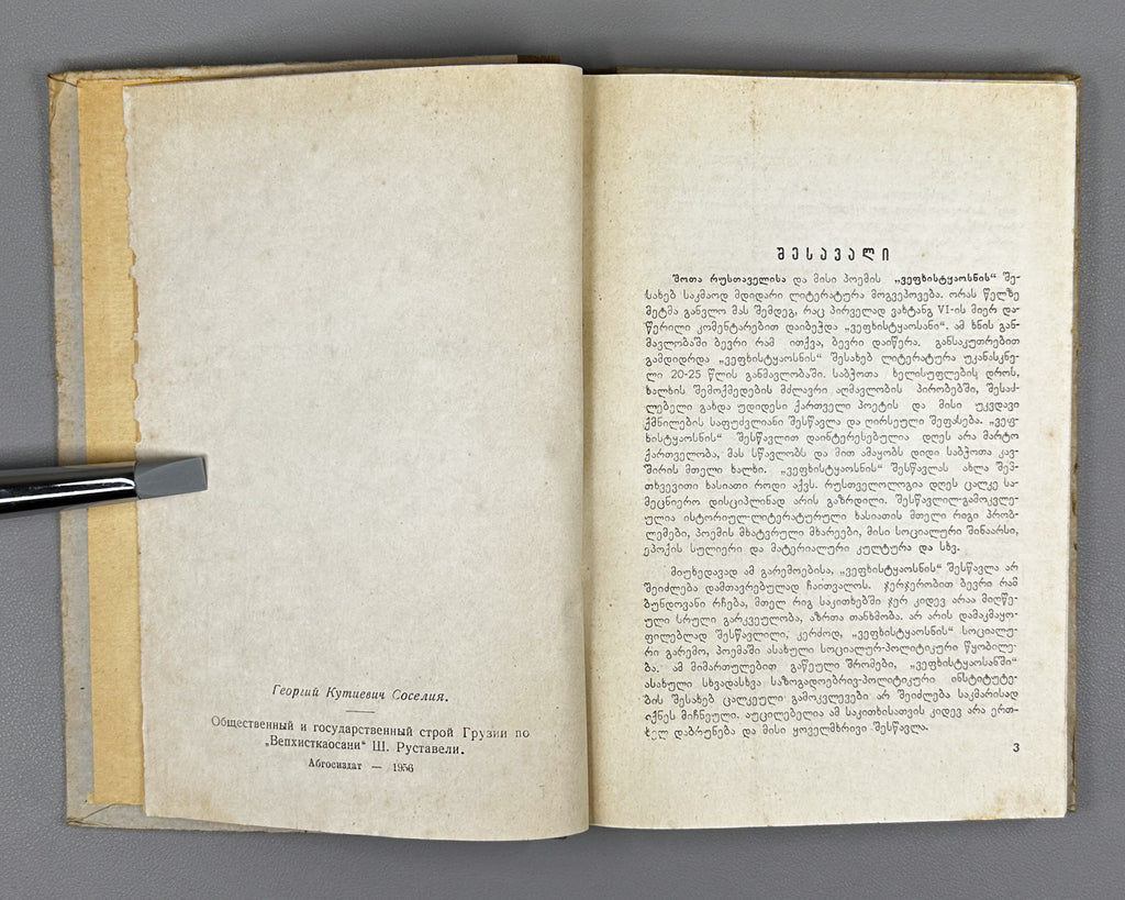 Soselia, G. The Social and State System of Georgia According to The Knight in the Panther's Skin (Sakartvelos sazogadoebrivi da sakhelmtsipoebrivi tskobileba Vepkhistkaosnis mikhedvit). Sokhumi, 1956.