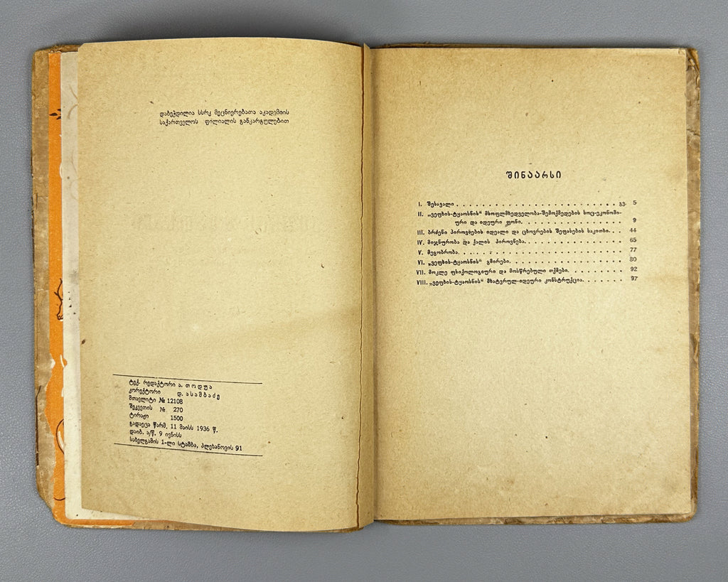 Tsintadze, P. The Knight in the Panther's Skin: Worldview and Artistic Construction. A Critical Study (Vepkhis-Tqaosani: Msoflmkhedveloba da Mkhatvrul Konstruktsia. Kritikuli Etiudi). 1936. In Georgian.