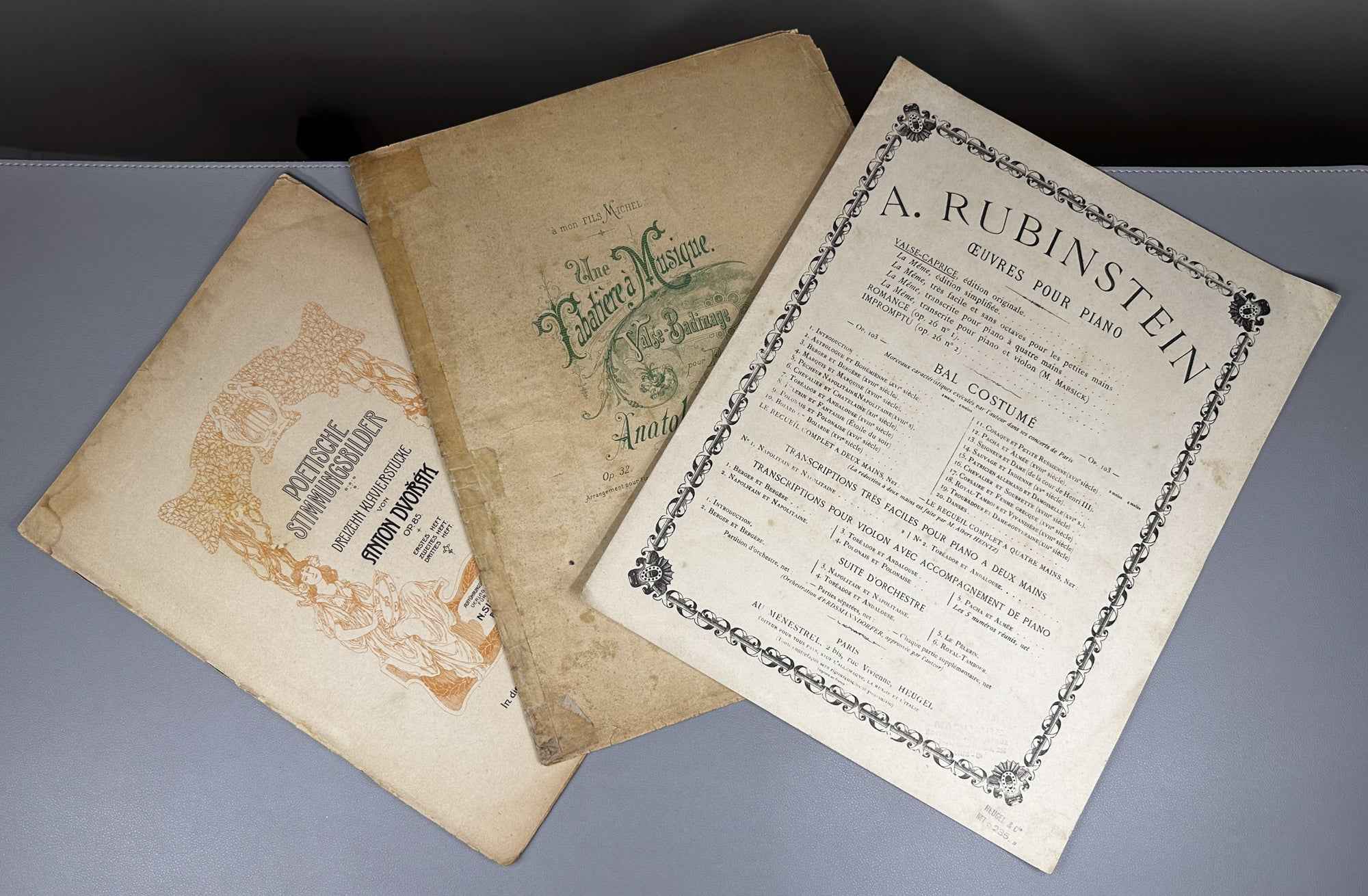 Lot of 3 Antique Sheet Music Editions: Dvořák, Liadow, Rubinstein. Piano Solo. Leipzig, Berlin, Paris, c. 1890s-1900s. In French and German.