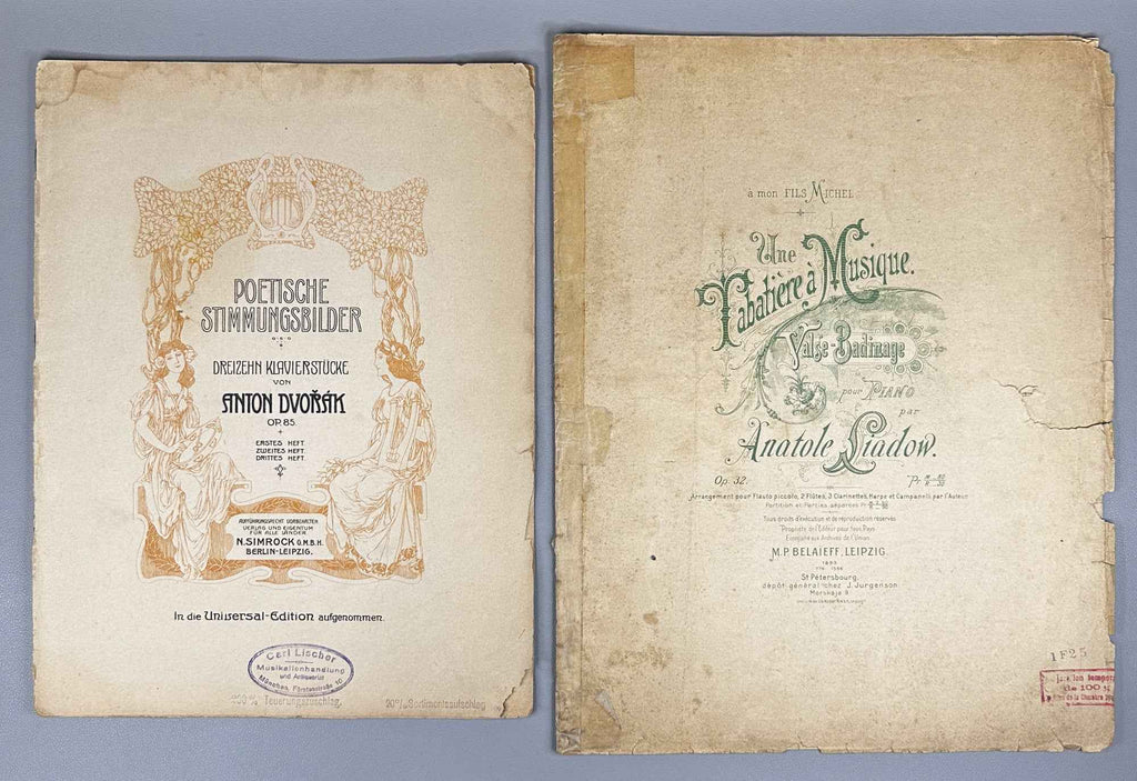 Lot of 3 Antique Sheet Music Editions: Dvořák, Liadow, Rubinstein. Piano Solo. Leipzig, Berlin, Paris, c. 1890s-1900s. In French and German.