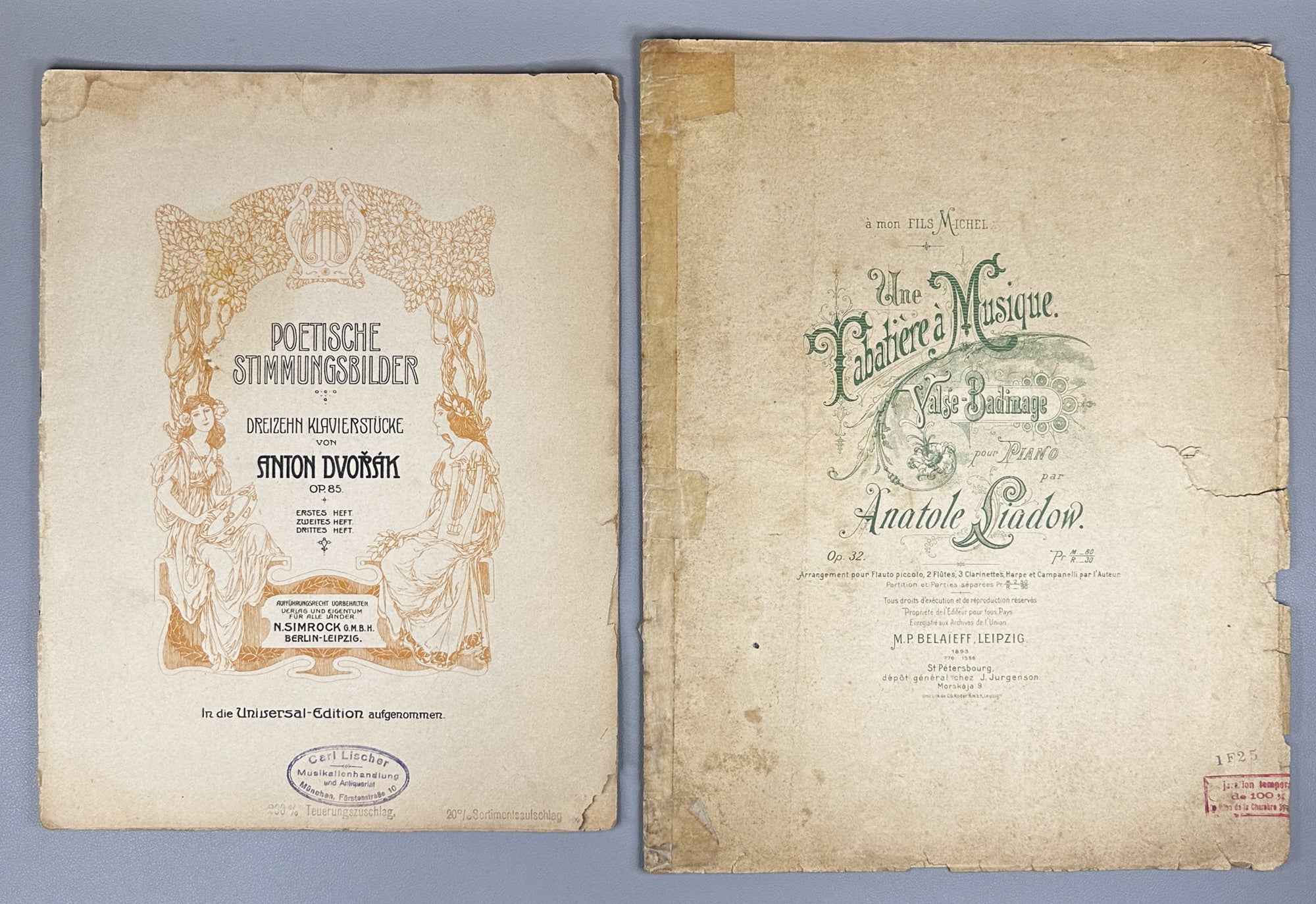 Lot of 3 Antique Sheet Music Editions: Dvořák, Liadow, Rubinstein. Piano Solo. Leipzig, Berlin, Paris, c. 1890s-1900s. In French and German.