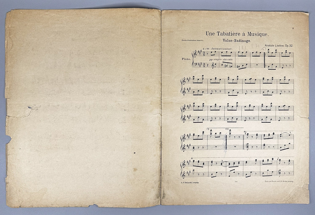 Lot of 3 Antique Sheet Music Editions: Dvořák, Liadow, Rubinstein. Piano Solo. Leipzig, Berlin, Paris, c. 1890s-1900s. In French and German.