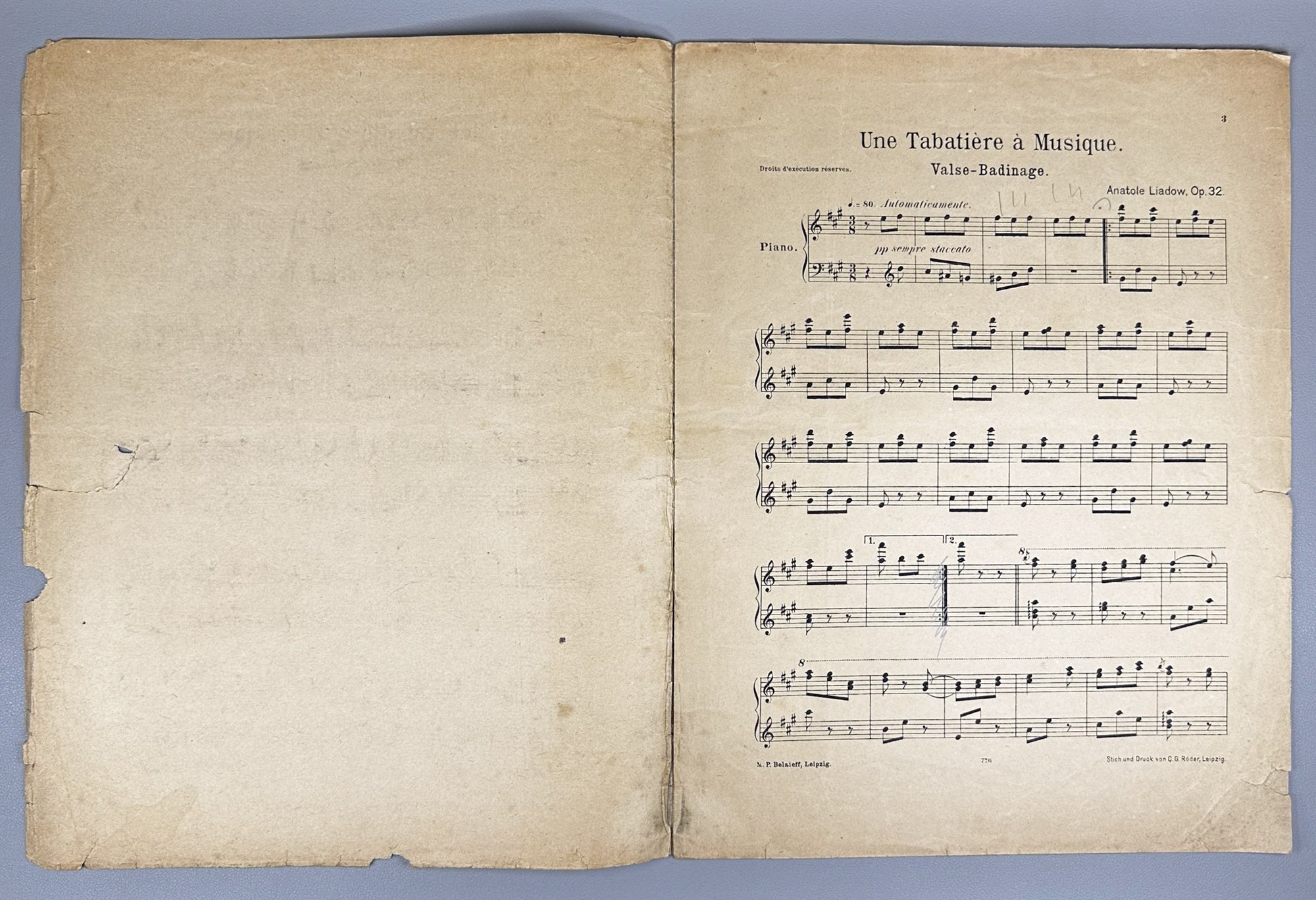 Lot of 3 Antique Sheet Music Editions: Dvořák, Liadow, Rubinstein. Piano Solo. Leipzig, Berlin, Paris, c. 1890s-1900s. In French and German.