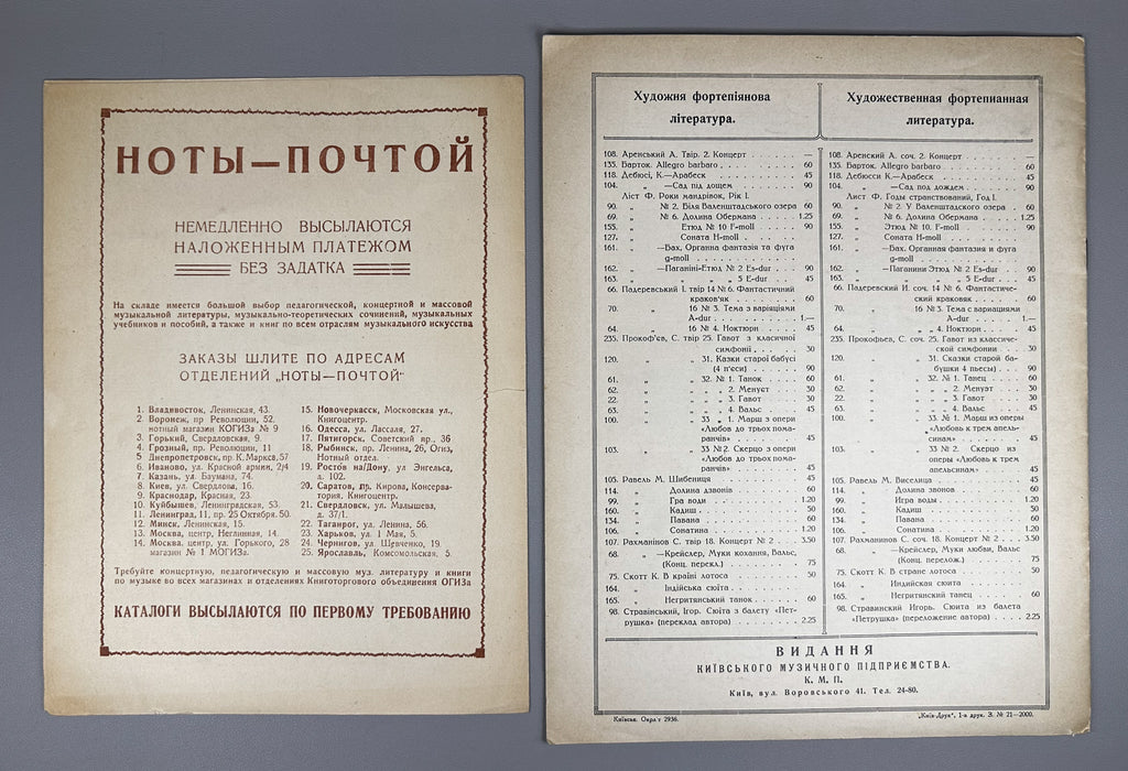 Lot of 5 Soviet Sheet Music Editions: Johann Sebastian Bach. Piano Solo. Moscow, Petrograd, Kiev: Muzgiz / Muzsektor / K.M.P., 1920s-1936. In Russian and German.