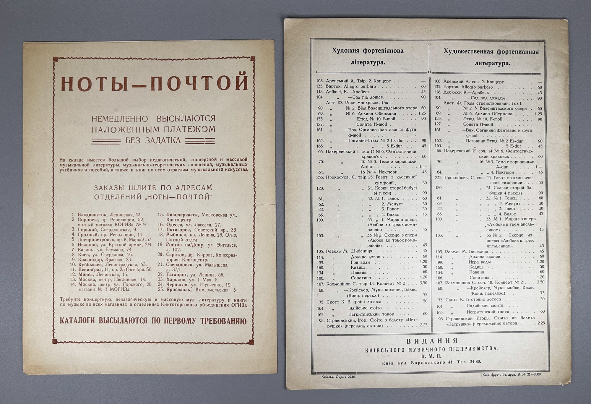 Lot of 5 Soviet Sheet Music Editions: Johann Sebastian Bach. Piano Solo. Moscow, Petrograd, Kiev: Muzgiz / Muzsektor / K.M.P., 1920s-1936. In Russian and German.