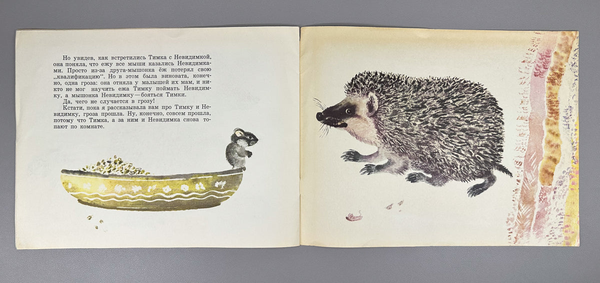 Durova, Natalia. Timka the Little Hedgehog and Nevidimka the Little Mouse (Ezhonok Timka i myshonok Nevidimka). Illustrated by N. Charushin, 1971. In Russian.